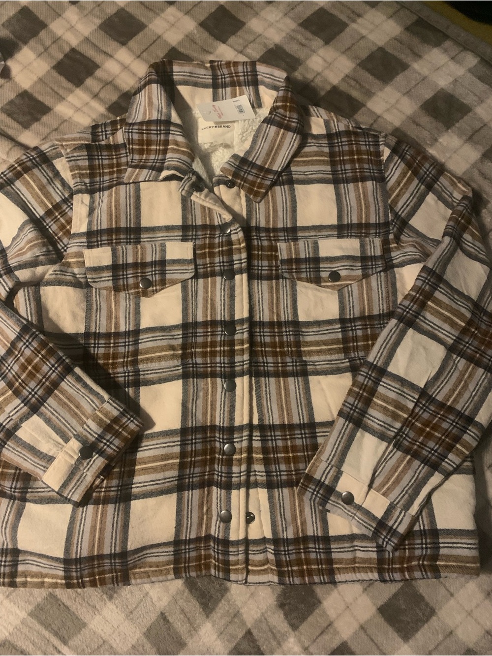 Lucky Brand White Sherpa Lined Plaid Jacket with Brown Accents